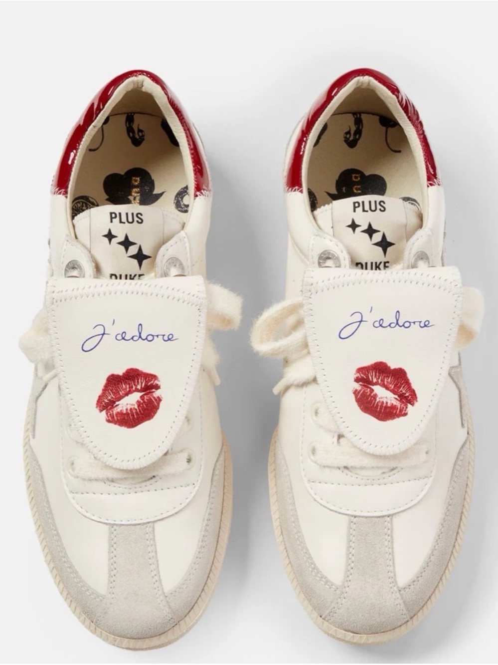 Plus Duke Kiss Sneakers Women’s Cream Sneakers with Red Heel and Lip Detail